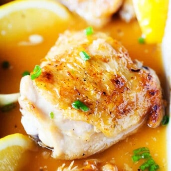 Seriously beautiful chicken covered in a honey lemon garlic sauce.