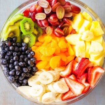 Blueberries, kiwi, grapes, orangers, banana, strawberries and pineapple make up this gorgeous fruit salad with a sweet and sour honey lime dressing!