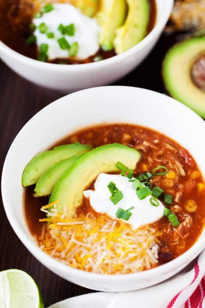 Fresh avocado on chicken taco soup