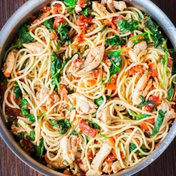 Tomato Spinach Chicken Spaghetti from iamhomesteader.com