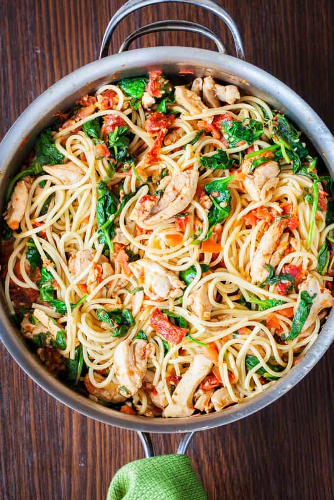 Tomato Spinach Chicken Spaghetti from iamhomesteader.com