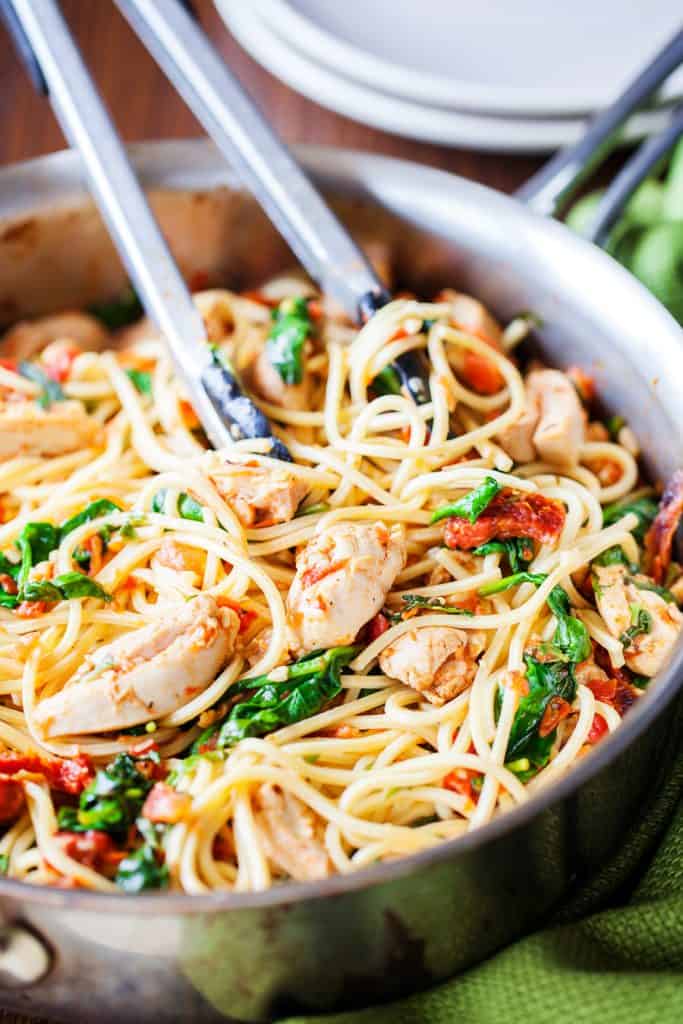 Tomato Spinach Chicken Spaghetti from iamhomesteader.com