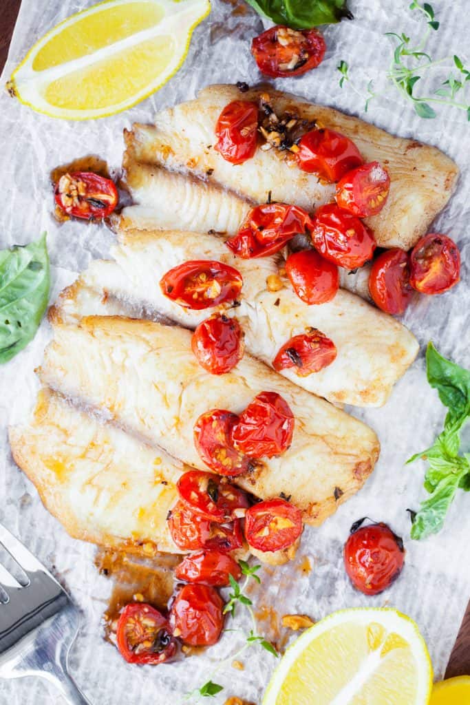 walleye with roasted cherry tomatoes shot from overhead