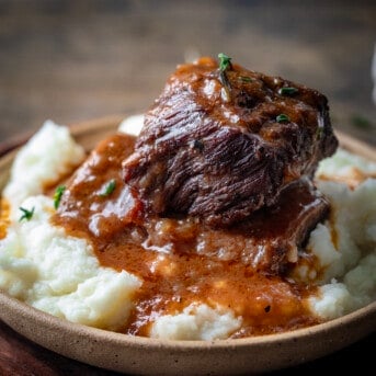 One Beef Short Rib with Gravy on mashed potatoes on a plate.