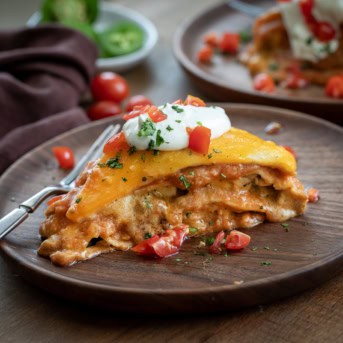 Place with a piece of Chicken Tortilla Casserole on it.