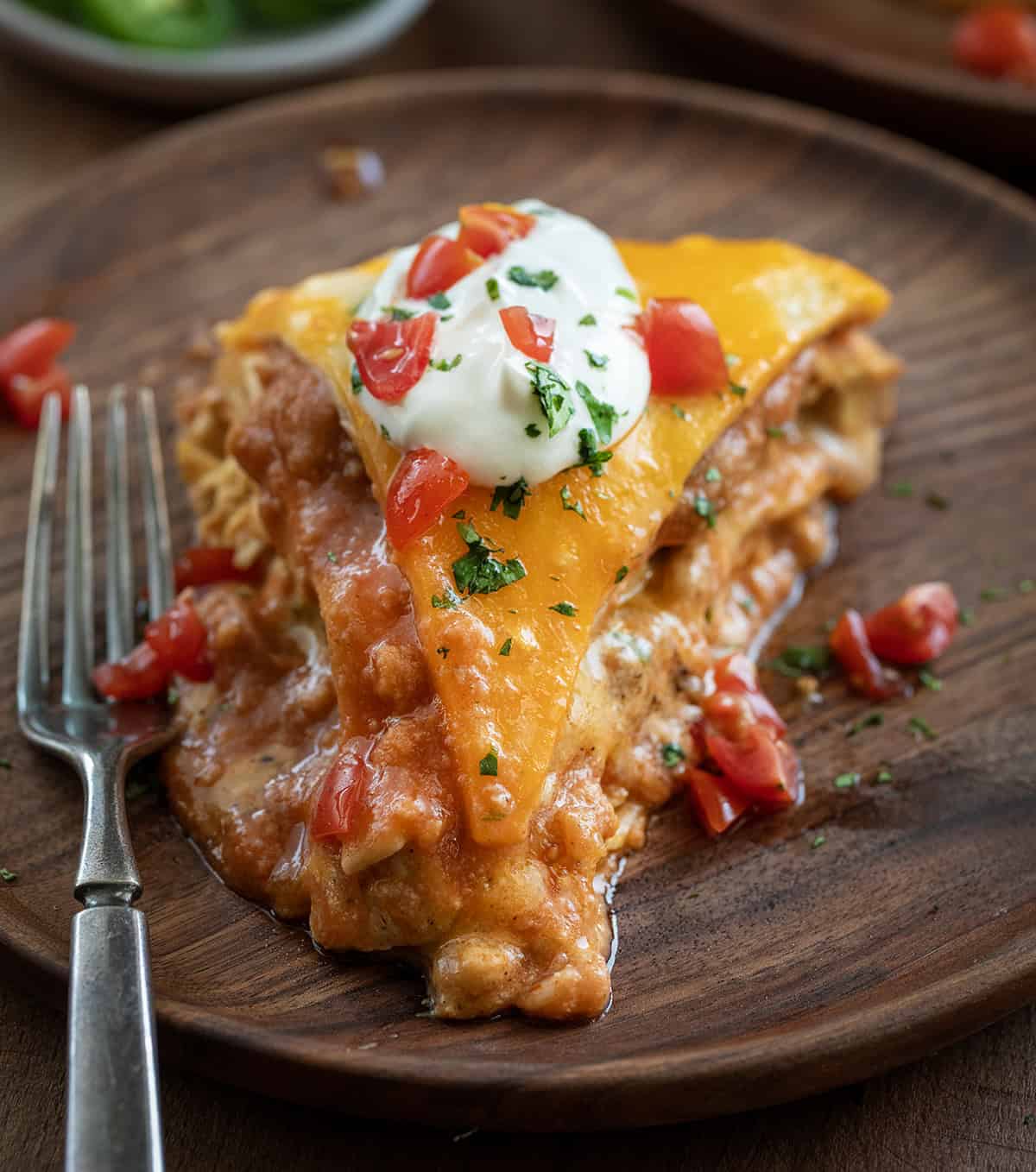 Piece of Chicken Tortilla Casserole on a plate close up.