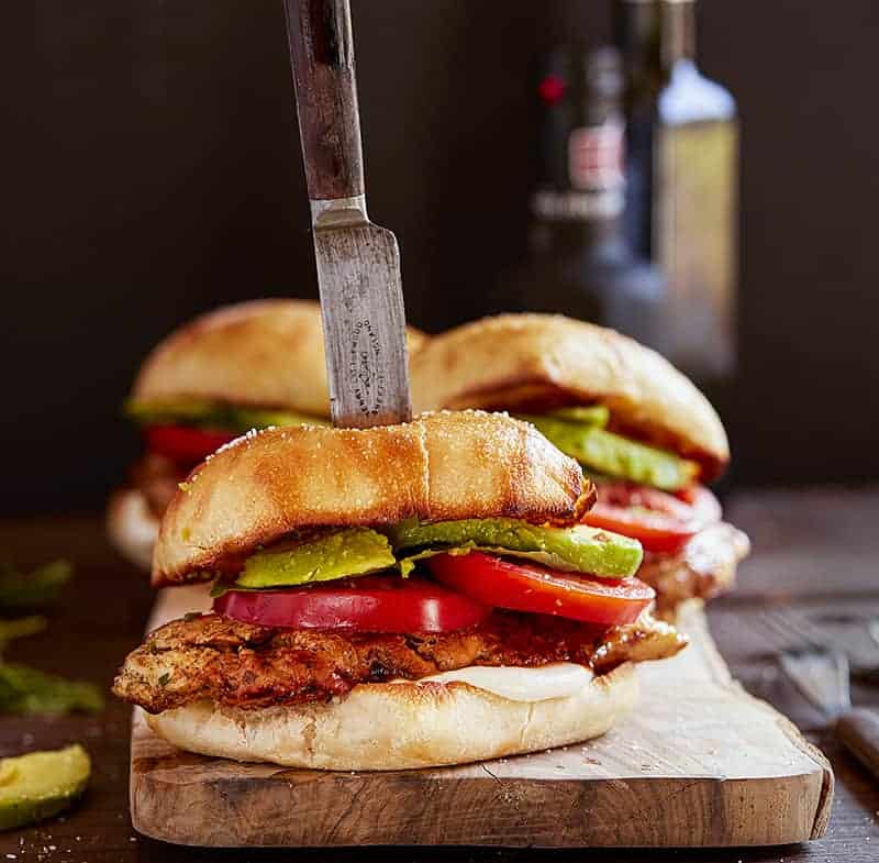 Chicken Caprese Sandwich with Knife in It