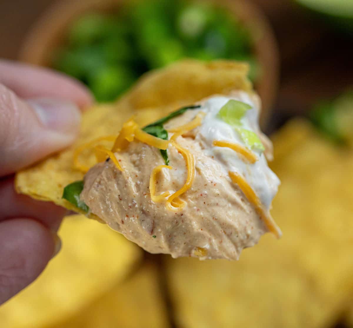 Hand holding a chip with Taco Dip on it.