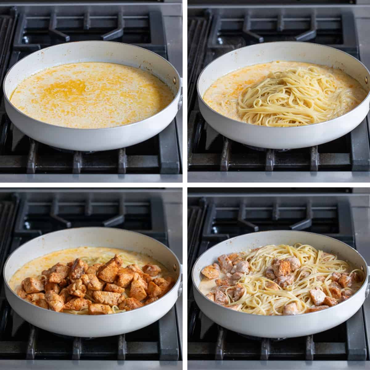 Steps for Making Creamy Chicken Pasta in a Skillet on a Gas Oven.