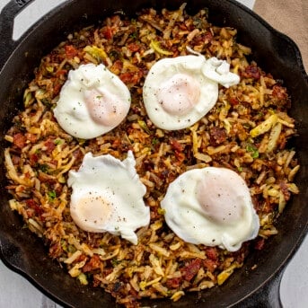 Skillet of Brussels Sprouts Breakfast Hash. Breakfast, Hash, How to Make Hash, Poached Egg, How to Poach and Egg, breakfast recipes, i am homesteader, iamhomesteader.