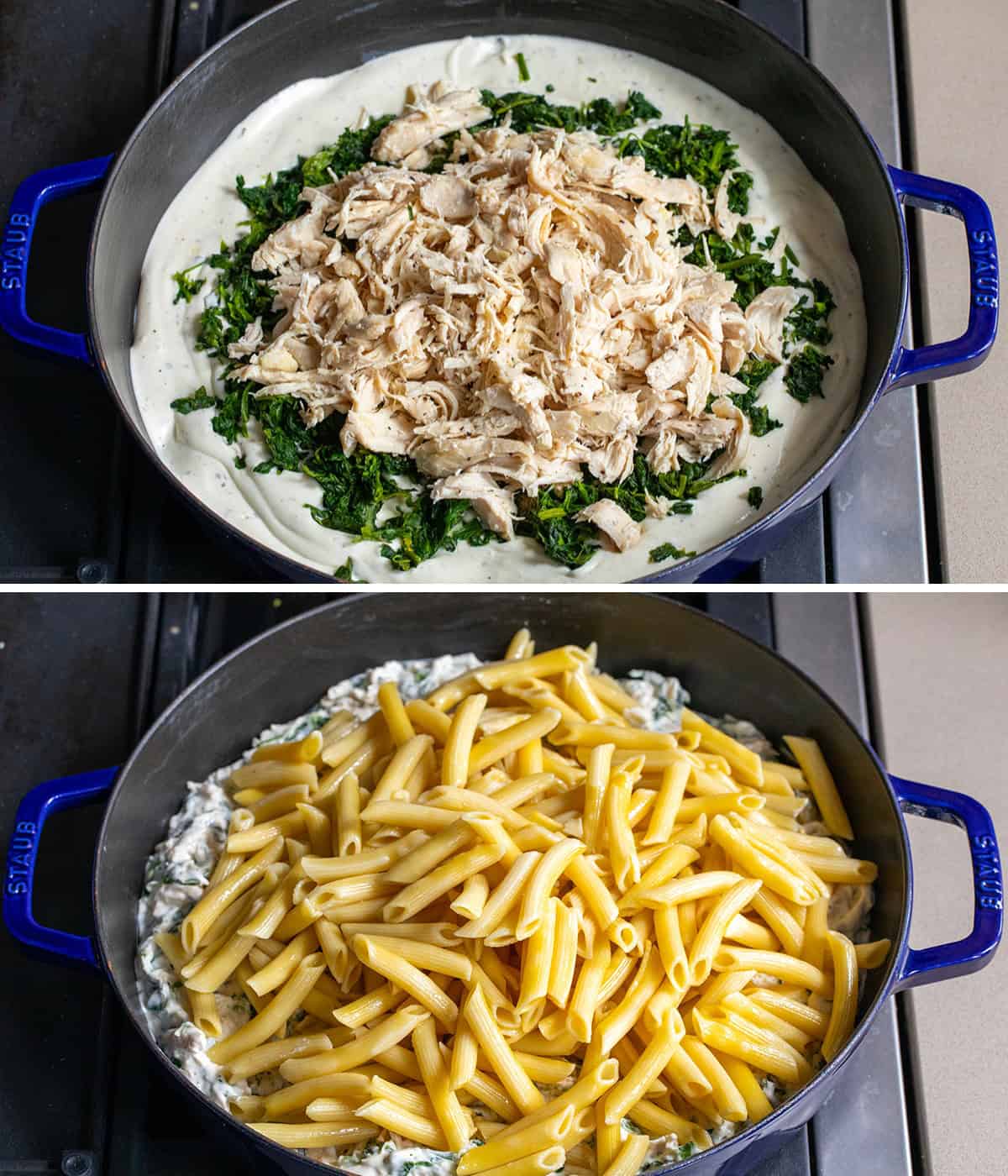 Steps for making Spinach Dip Chicken Pasta in a skillet with sauce, spinach, chicken, and noodles.
