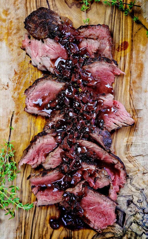 Medium Rare Steak with Red Wine Reduction