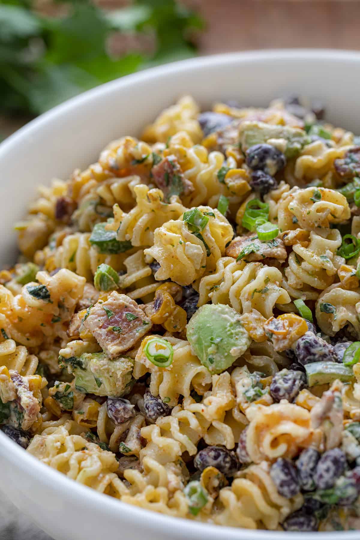 Close up of a bowl of Corn Pasta Salad