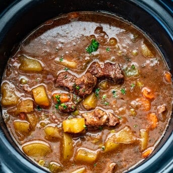 Crockpot filled with beef stew.