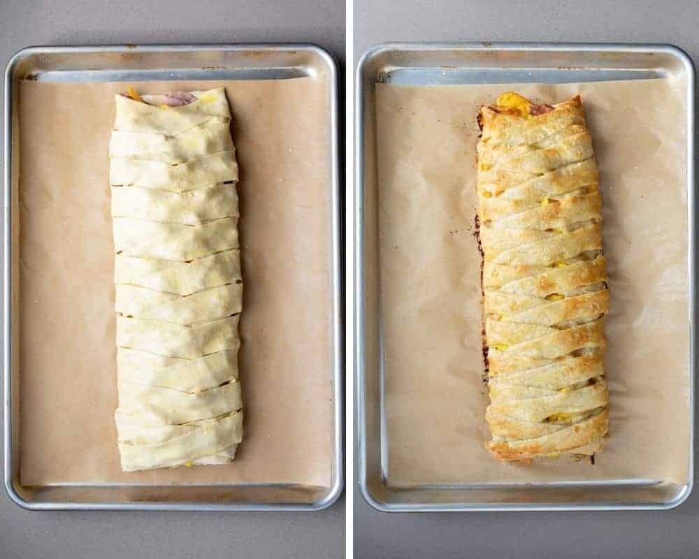 Before and After of Unbaked and Baked Ham & Cheese Breakfast Puff Pastry