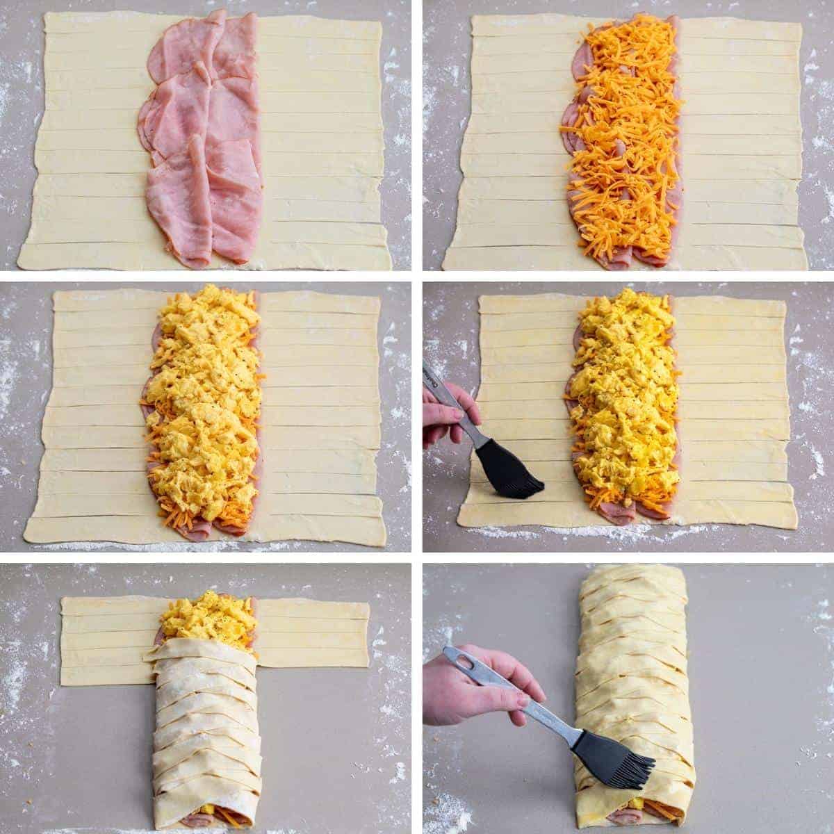Individual Steps for assembling layers of Ham & Cheese Breakfast Puff Pastry