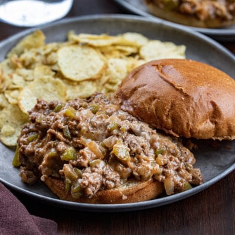 Philly Cheesesteak Sloppy Joe on a Plate with Chips.