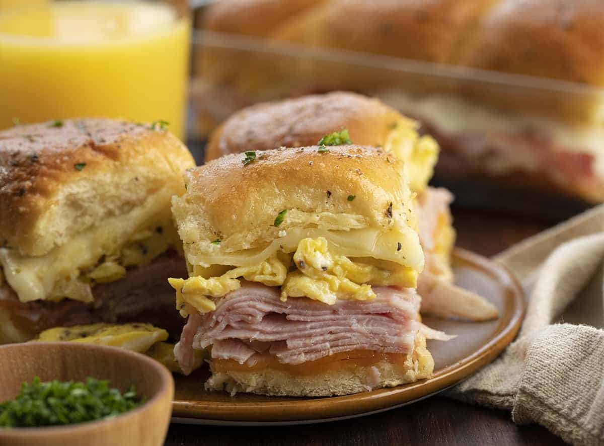 Breakfast Sliders with Ham, Cheese, and Scrambled Egg on a Plate