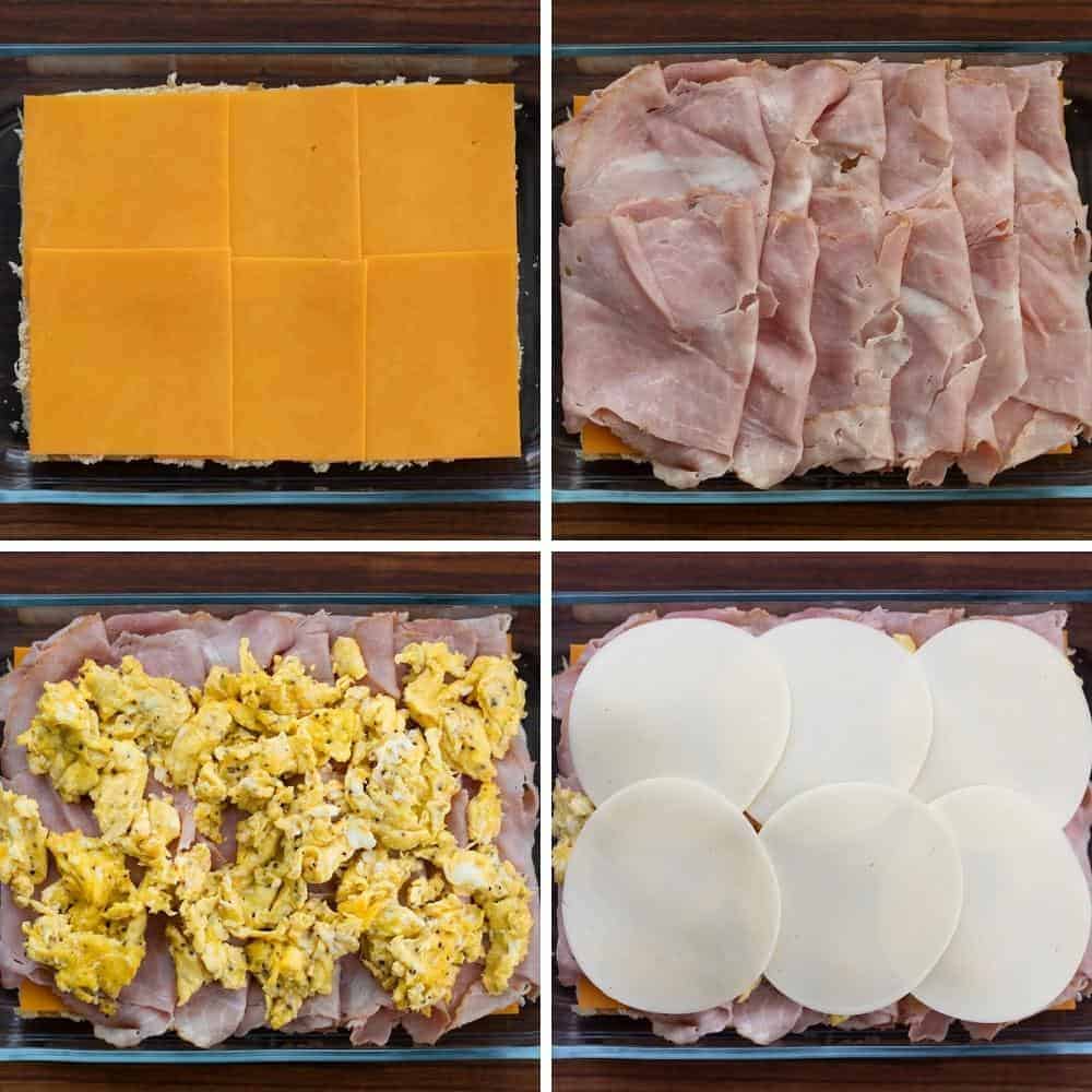 Steps for Assembling Breakfast Sliders with Ham, Cheese, and Scrambled Egg