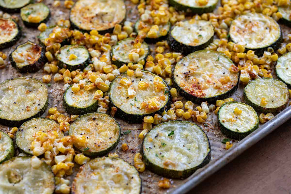 Roasted Zucchini and Corn on a sheet pan.