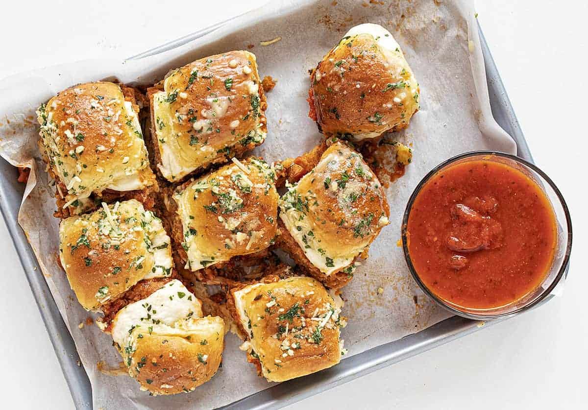 Overhead View of Chicken Parmesan Sliders with Dipping Sauce