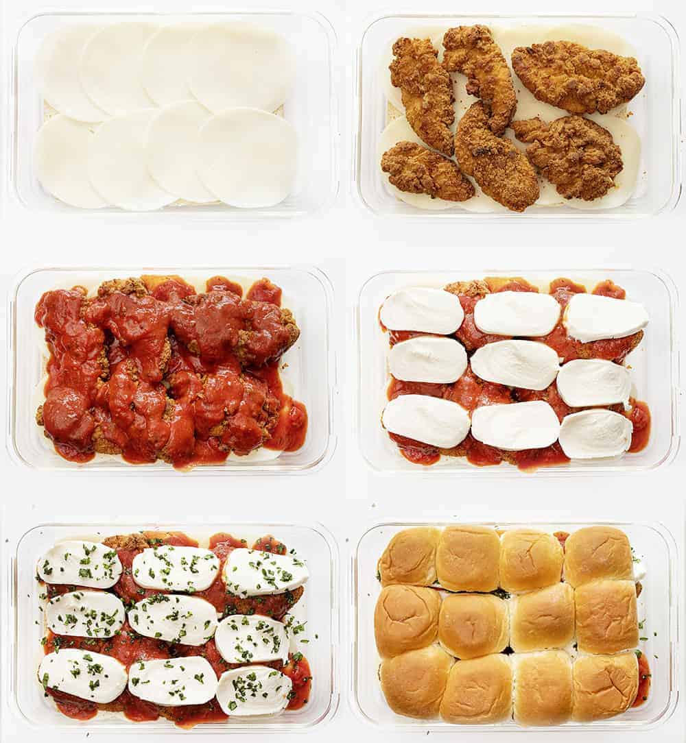 Collage of Chicken Parmesan Sliders with Different Layers of Ingredients