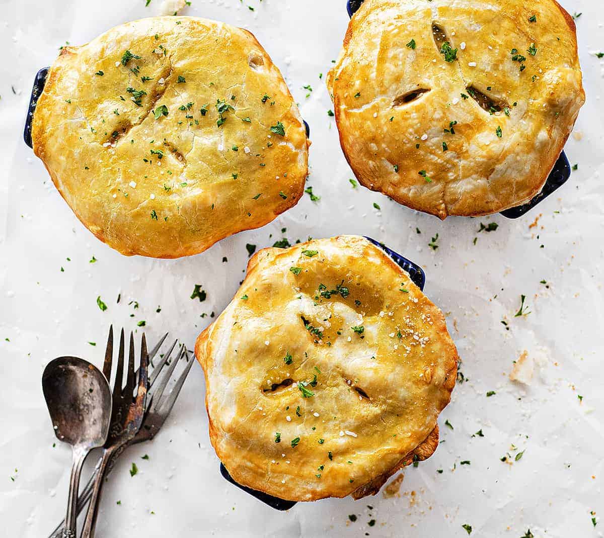 Overhead view of Individual Chicken Pot Pies in Mini Pots