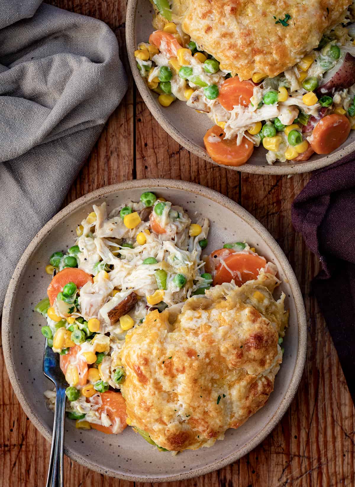 Plates with Chicken Pot Pie Casserole on Them.