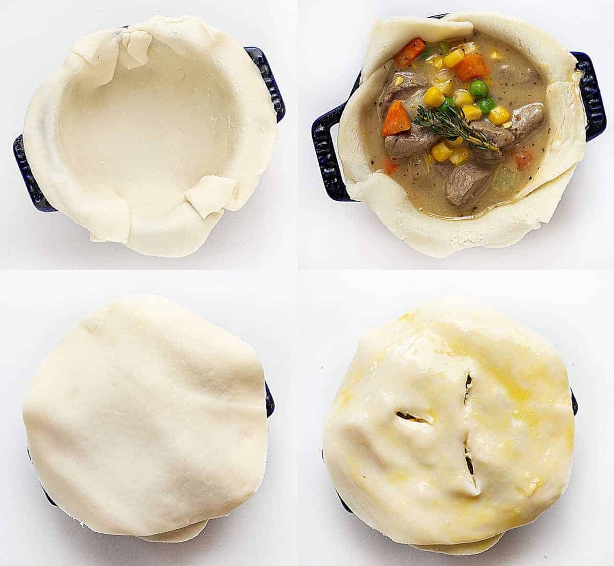 Process shots for how to make beef pot pies