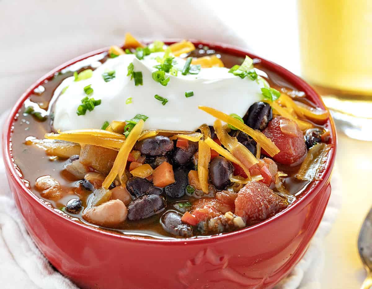 REd Bowl of Meatless Chili with Garnish