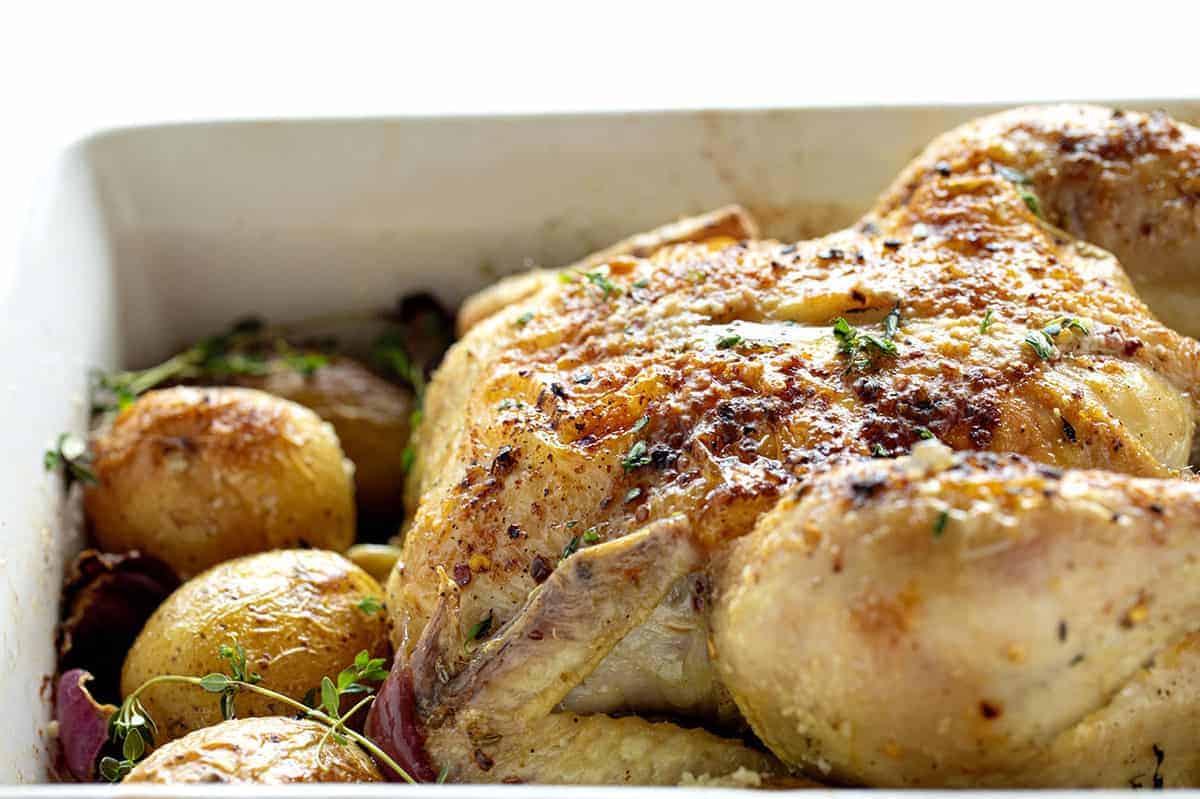 1-Hour Oven Roasted Whole Chicken and Potatoes - Averie Cooks