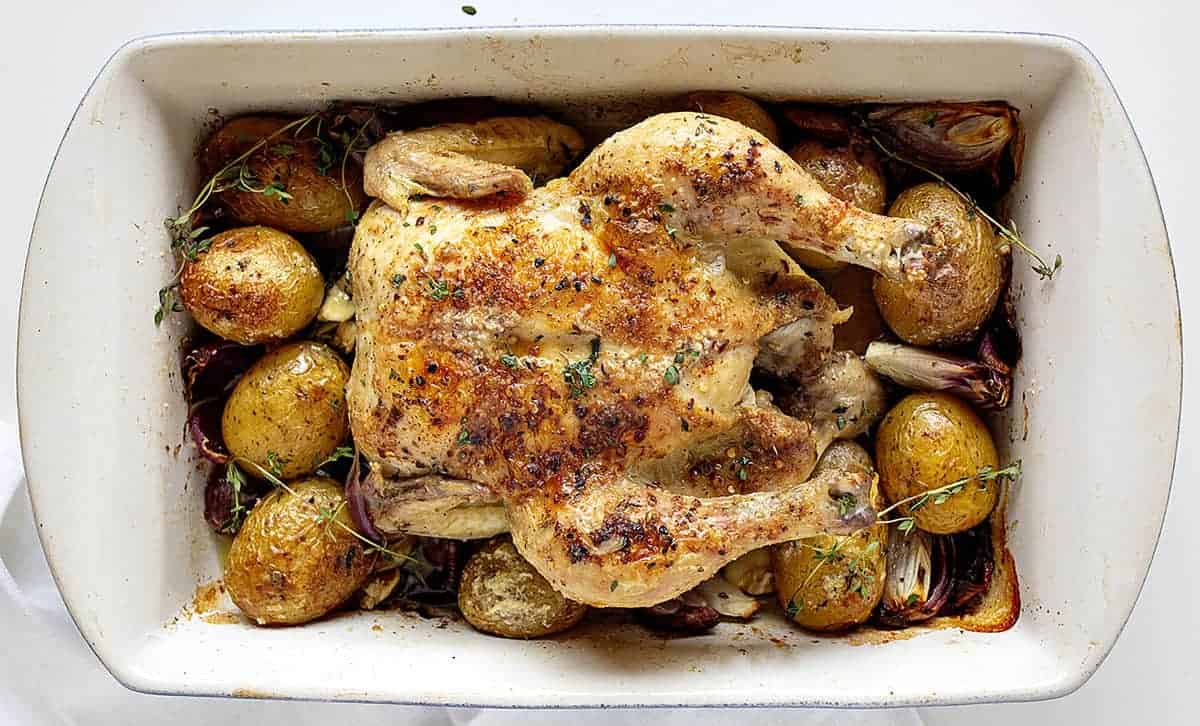 Overhead View of Roasted Chicken with Potatoes