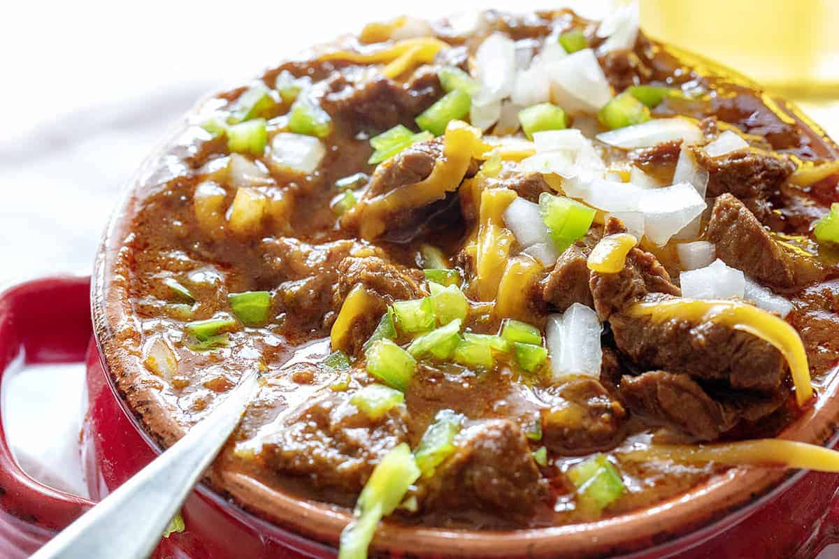 Garnished bowl of Texas Chili - Bowl of Red