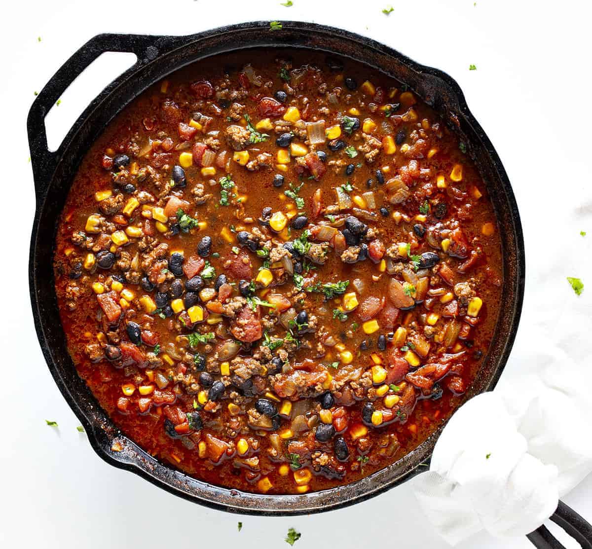 Overhead picture of Taco Chili in a Skillet
