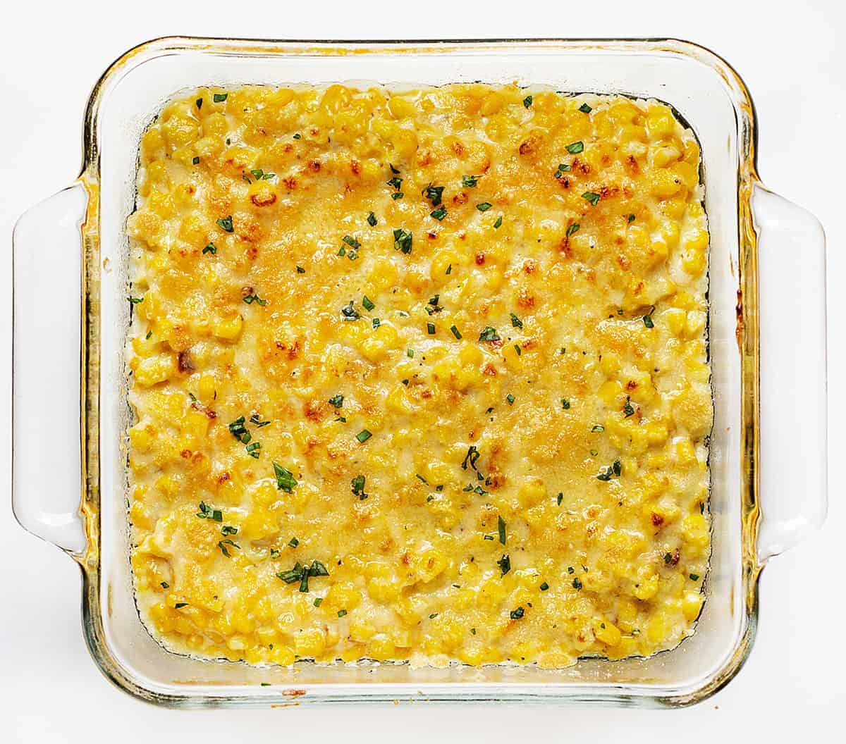 Overhead of pan of Creamed Corn 