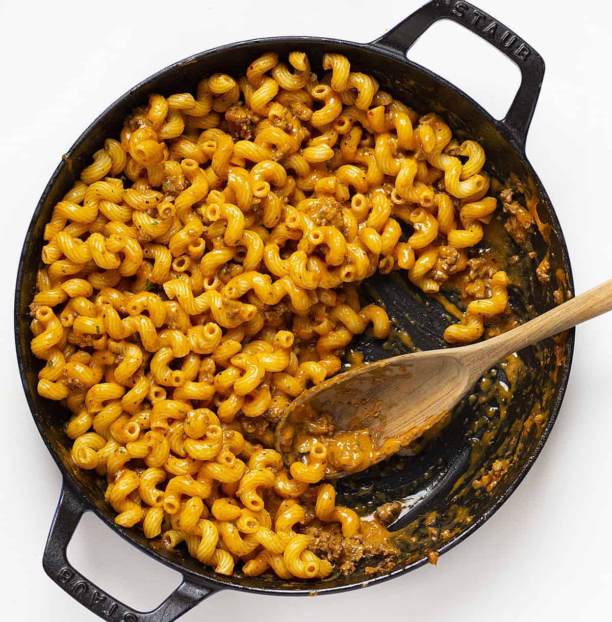 Overhead Skillet of Hamburger Macaroni 