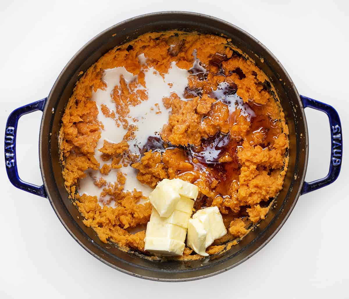 Overhead of Pot with Ingredients for Mashed Sweet Potatoes Recipe