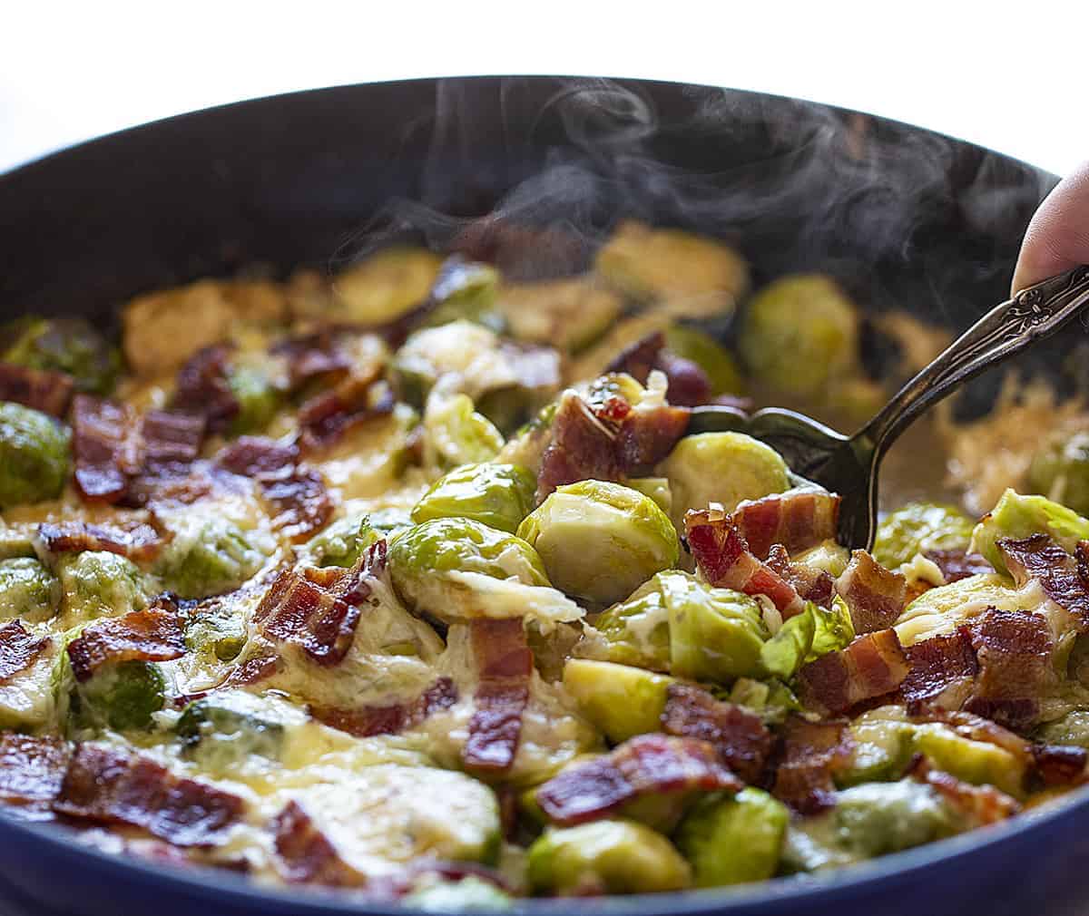 Creamy Cheesy Brussel Sprouts with Gruyere and Mozarella Cheese on a Spoon Being Lifted from Skillet with Steam