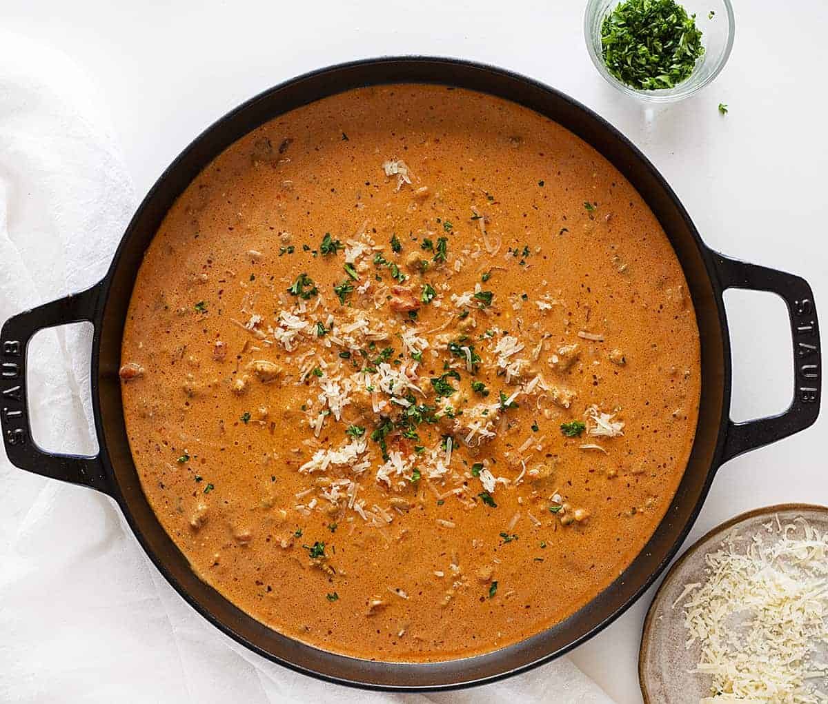 Overhead view of Sausage Soup Recipe with Parmesan and Parsely