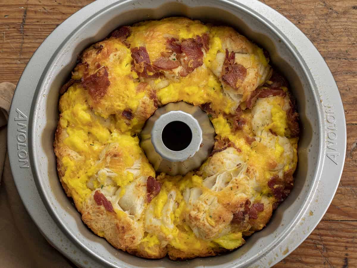 Breakfast Monkey Bread in the Pan from Overhead. Breakfast, Breakfast Recipes, Easy Breakfast Idea, Monkey Bread, Breakfast for a Crowd, Holiday Breakfast Ideas, Savory Bread, Baking, recipes, i am homesteader, iamhomesteader