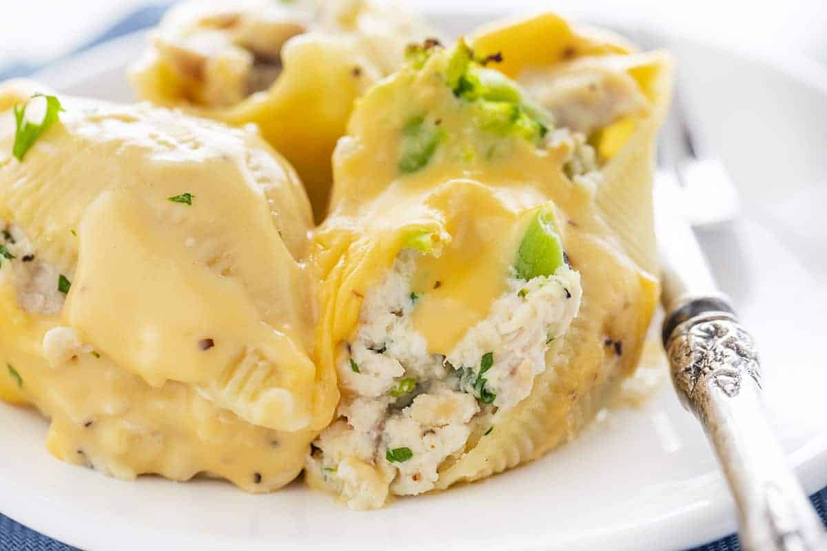 Chicken Broccoli Stuffed Shells on White Plate with Fork