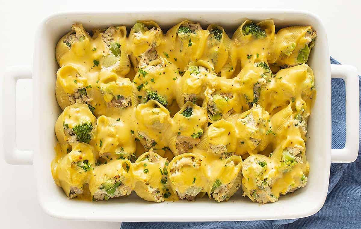 Overhead View of Cheesy Chicken Broccoli Stuffed Shells