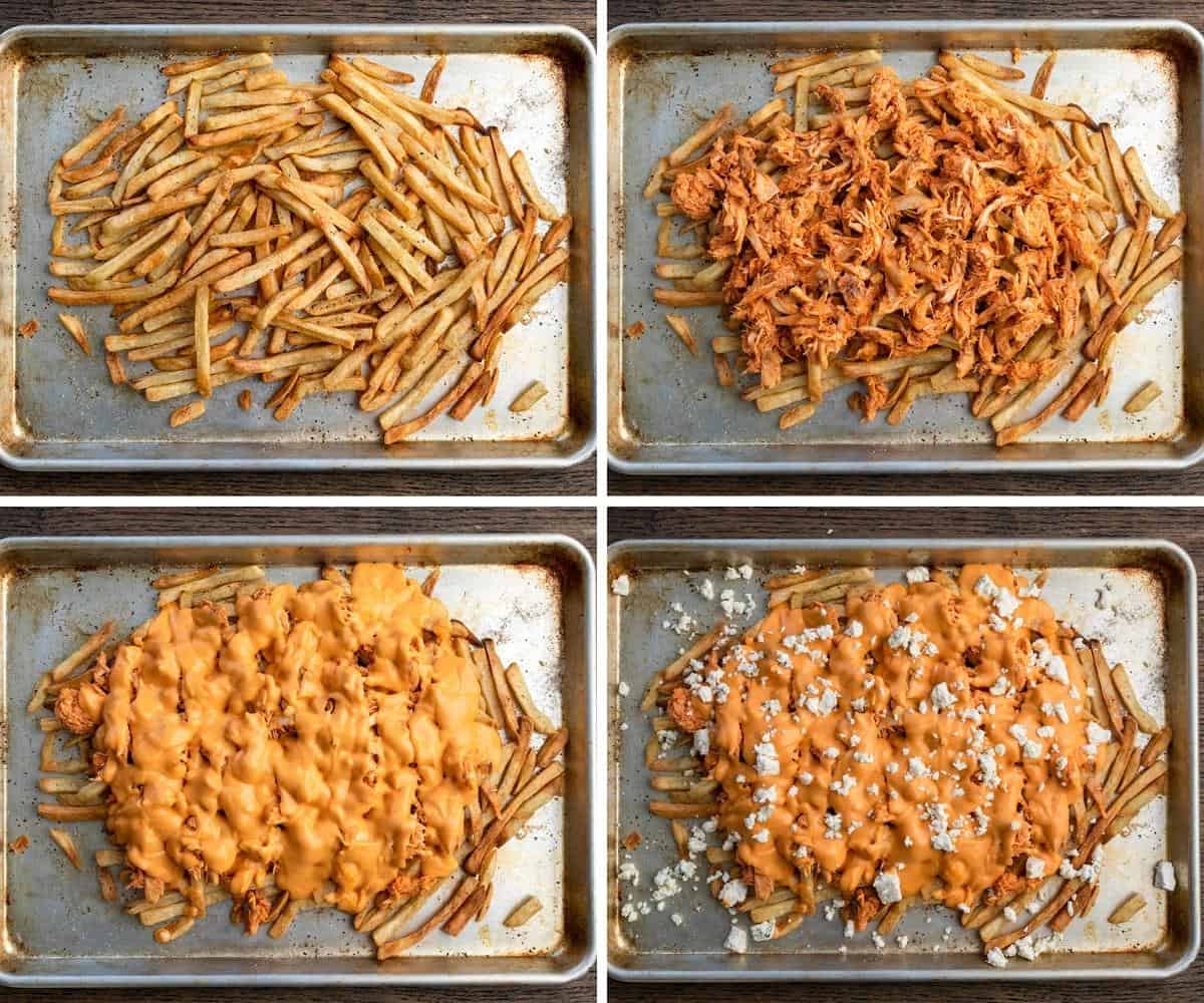 Steps for Making Buffalo Chicken Cheesy Fries on a Sheet Pan. Appetizer, Super Bowl Food, Football Recipes, Cheesy Fries, Buffalo Chicken Recipes, Buffalo Chicken Sauce, i am homesteader, iamhomesteader