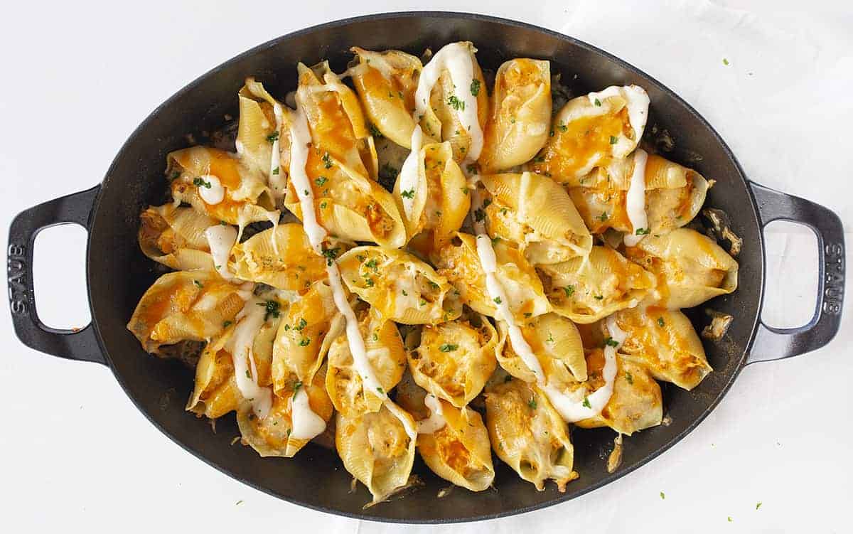 Buffalo Chicken Stuffed Shells in a Skillet