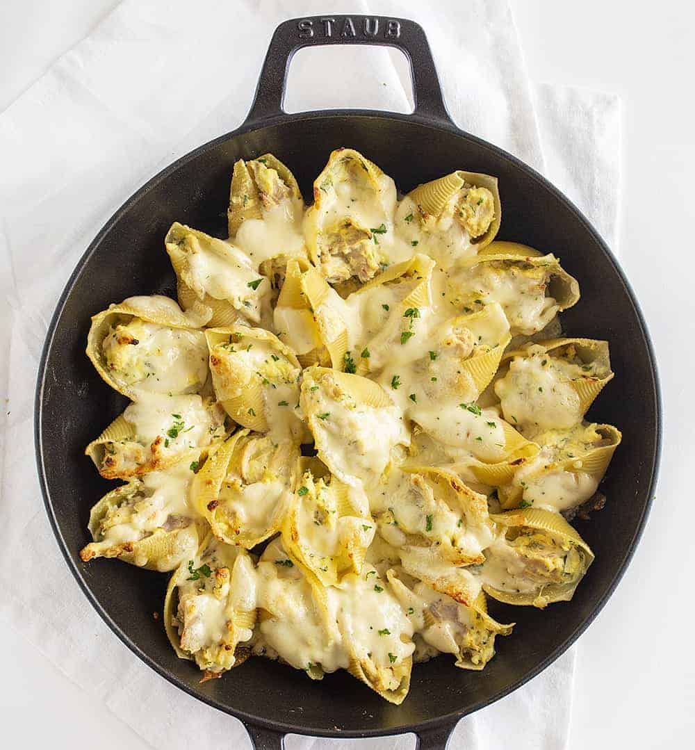 Overhead View of Chicken Alfredo Stuffed Shells in Skillet