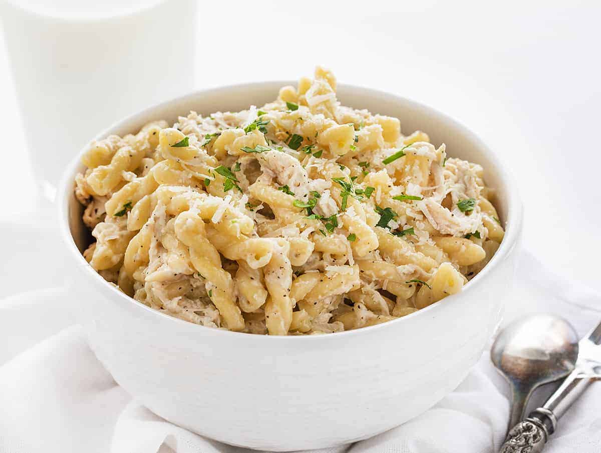 Easy Lemon Chicken Pasta in a White Bowl