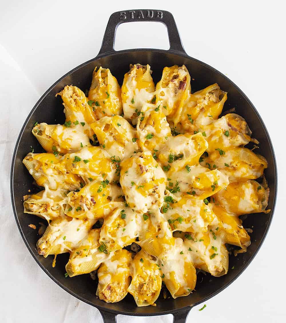 Overhead View of Cheesy Chicken Bacon Ranch Stuffed Shells in Skillet