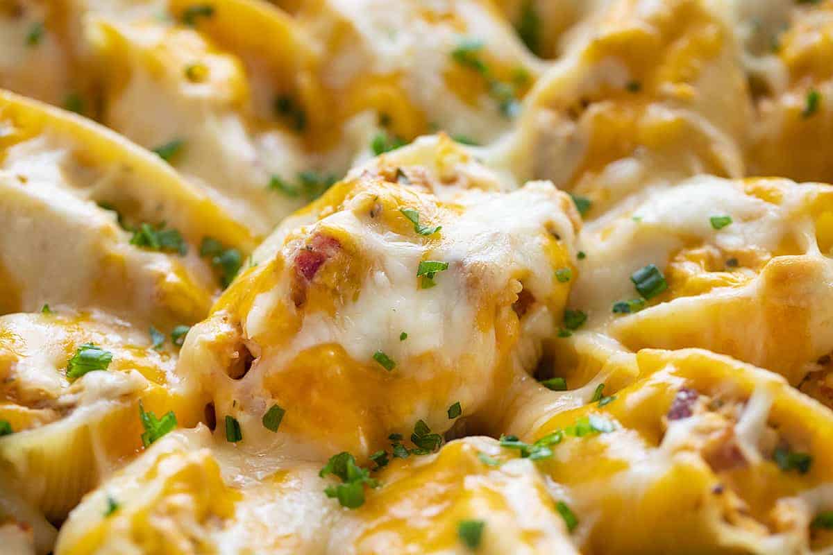Close up of Chicken Ranch Stuffed Shells in Skillet