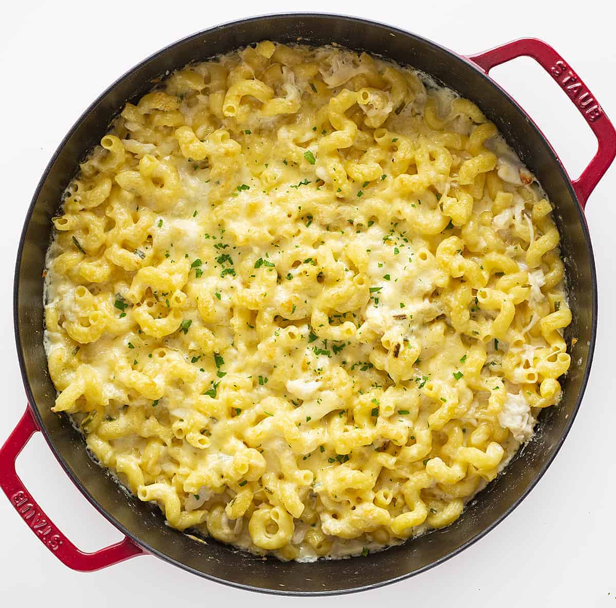 Overhead view of Crab and Macaroni and Cheese in a Red Skillet