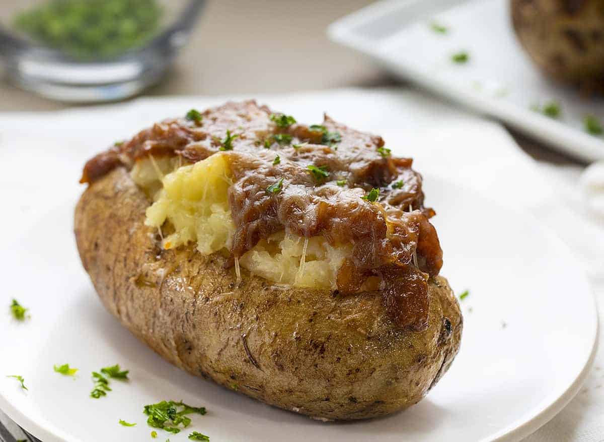 French Onion Twice Baked Potato on White Plate